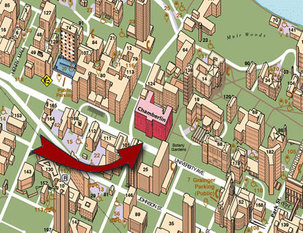 map locating Chamberlin Hall on the University of Wisconsin campus