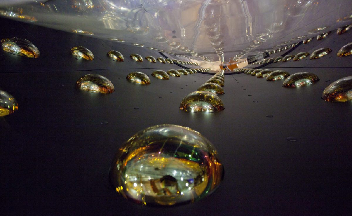 lines of metallic half-domes are lined up inside a curved surface