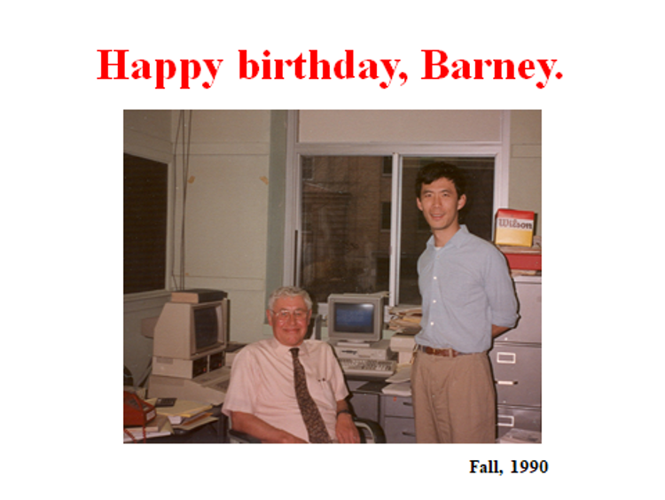 Barney is seated and Fu-Kwo Jim Men is standing next to him, and there is a title that says "happy birthday barney" fall 1990
