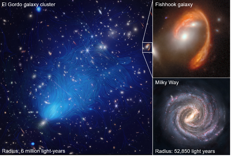 a 3-panel picture. The left half is a blue swirly image titled "El Gordo galaxy cluster" and labeled "radius: 6M light years." A tiny square inset of this left picture is enlarged in the top right, titled "fishhook galaxy", which is a hook-shaped orange swirl of gas-like substance. the bottom right panel is the Milky Way for comparison, with a radius of 52,850 light years