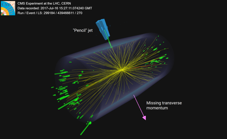 a neon-colored drawing of a burst of yellow lines in a cylinder with a line transversing the centerof the cylinder with "pencil jet" on the blunt end and "missing transverse momentum" on the arrow side